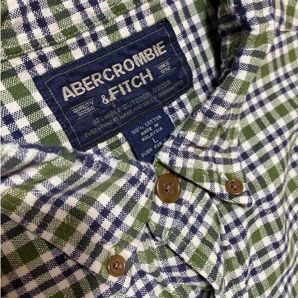 Vintage 90s Abercrombie & Fitch Button Down Green Blue Plaid Check Muscle Large - Picture 4 of 11